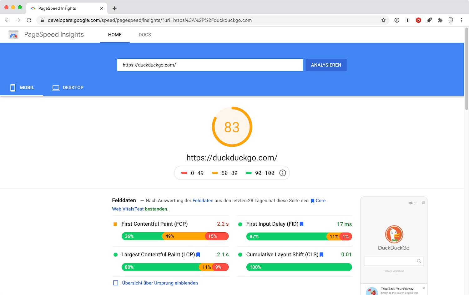 Beispiel für PageSpeed Insights